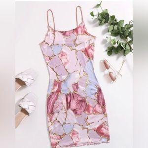 NWOT SHEIN pink and gold marble print lettuce trim cami dress